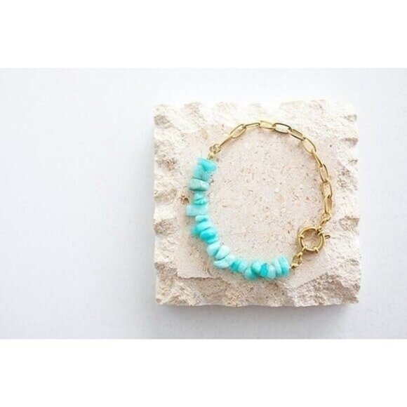 BUNDLE Aqua Chalcedony Drop Earrings & Amazonite Gemstone Bracelet Gold Chain - Picture 7 of 12
